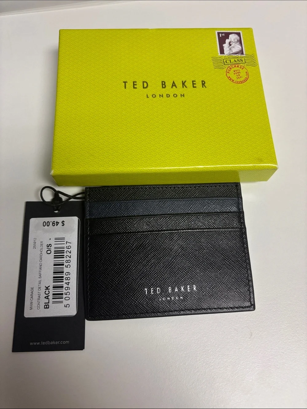 NWT Ted Baker Saffiano Black and Navy Leather Card Holder
